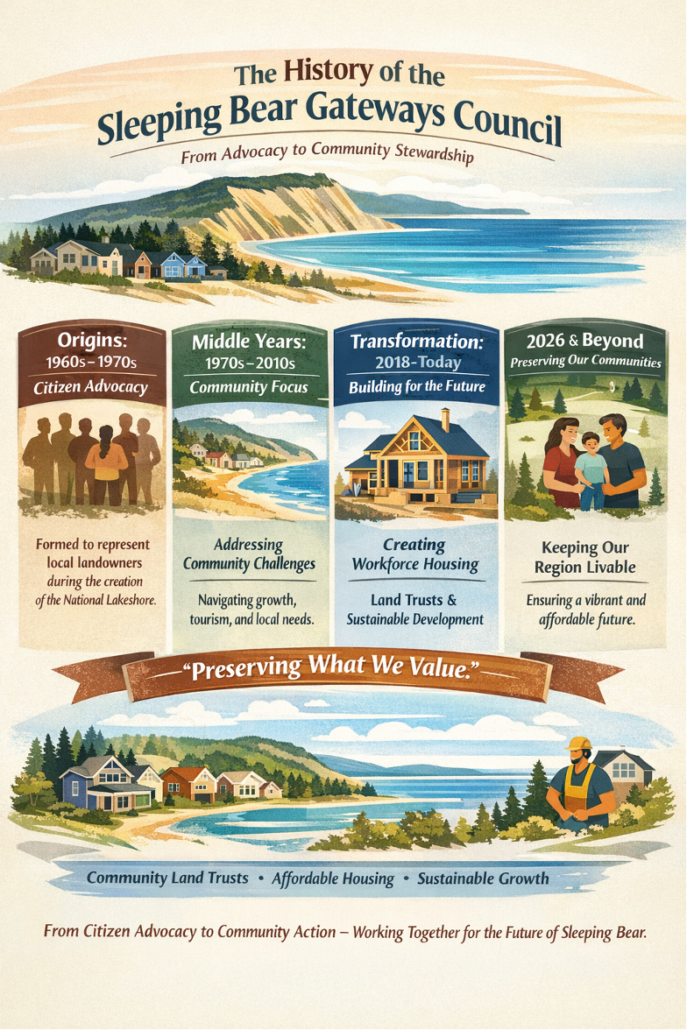 Graphic that shows the history of Sleeping Bear Gateways Council from the 1960s to today.